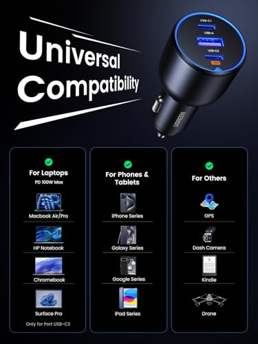 UGREEN 130W USB C Car Charger, Type C Car Charger Adapter Compatible with iPhone 17 17 Air 17 Pro 17 Pro Max 16 16 Plus 16 Pro 16 Pro Max 15 14 13 12, Galaxy S24 S23 Ultra, iPad, MacBook, and More