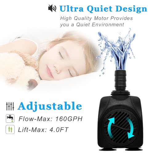 PULACO 160GPH Small Fountain Pump, Ultra Quiet Submersible Water Pump (600L/H, 10Watt) with 3.3 ft Tubing for Aquariums, Pond Fountain, Water Feature, Indoor Fountains