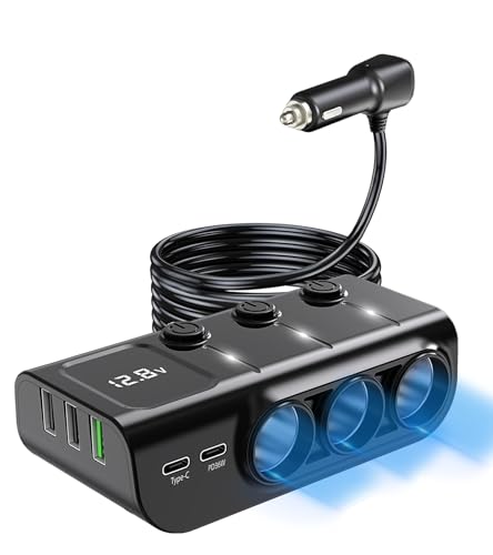 LIHAN Car Cigarette Lighter Splitter 8-in-1,120W 3-Socket Adapter & 5 USB with Master Power Switch,Prevents Battery Drain,PD36W USB-C Fast Charge,3.3FT Cord & LED Meter for Dashcam, RVs,Older Cars