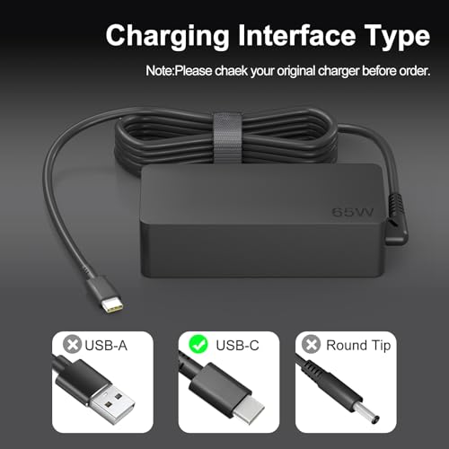 USB-C 65W 45W AC Replacement Charger Compatible with Lenovo ThinkPad T480 T490 T580 ADLX65YDC2A ADLX65YLC2D ADLX65YDC3A ADLX65YDC2D chromebook 2nd Gen S330 65W Laptop Power Supply Adapter Cord