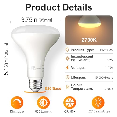 TJOY 12 Pack BR30 Flood Light Bulb Indoor, 65W Equivalent Dimmable Led Recessed Lights Bulb, 2700K Soft Warm White, E26 Base Bulbs for Kitchen Ceiling, Recessed Can, Replacement Incandescent, 9W,800LM