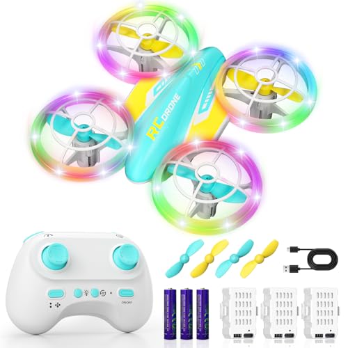LED RC Drone for Kids 6+, Christmas Birthday Gift for Boys & Girls with Remote Batteries, 360° Flips, 3 Speed Modes, 45 Min Flight Indoor and Outdoor Flying Toy - Blue Yellow