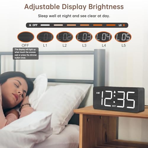 DreamSky Wooden Digital Alarm Clock for Bedroom - Loud Alarm Clock for Heavy Sleepers with Volume Control, Desk Clocks for Living Room with Large Numbers, Dimmer, DST, Wood Decor (Plug in Clock)