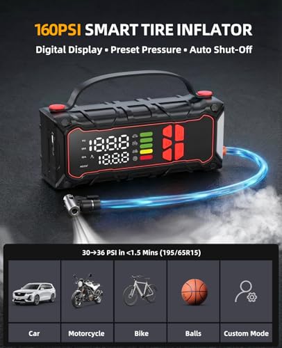 5000A Car Battery Jump Starter with Air Compressor 160PSI, Car Battery Charger 7.0L Gas/6.0L Diesel, Jumper Box for Car Battery with Tire Inflator & Power Bank& Jumper Cables, Father's Day