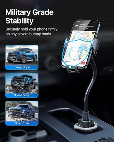andobil Military-Grade Cup Phone Holder for Car/Truck, [2026 Enhanced] 13" 360° Adjustable Gooseneck w/Anti-Shake Car Mount, Universal Car Phone Holder for iPhone/Samsung/Pixel All 4.0-7.0" Devices