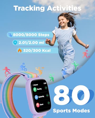 BIGGERFIVE Smart Watch for Kids, 1.8" Fitness Tracker Watch Pedometer, Heart Rate, IP68 Waterproof, Sleep Monitor, Calorie Step Counter, 5 Puzzle Games with/Without APP for Girls Teens 5-16, Nylon