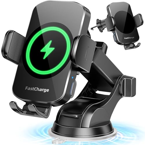 3-in-1 Wireless Car Charger Mount, 15W Fast Charging Auto-Clamping Phone Holder for iPhone 17 16 15 14, Samsung Galaxy S24 S23, Dashboard, Vent & Windshield Car Mount(Black)