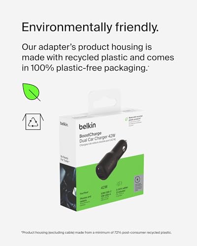 Belkin BoostCharge 42-Watt Dual Port Fast Car Charger w/30W USB-C & 12W USB-A Ports for iPhone 16, 16 Pro, Galaxy S26, S25, Pixel 10 & 9, Nintendo Switch 2 & More - Black