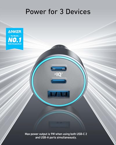 Anker USB-C Car Charger, iPhone 17 Car Charger, 67W 3-Port Compact Fast Charger, 535 Car Adapter with PIQ 3.0 for iPhone 17/16/15/14 Series, Galaxy S25/24/23, MacBook, iPad, and More (Cable Included)
