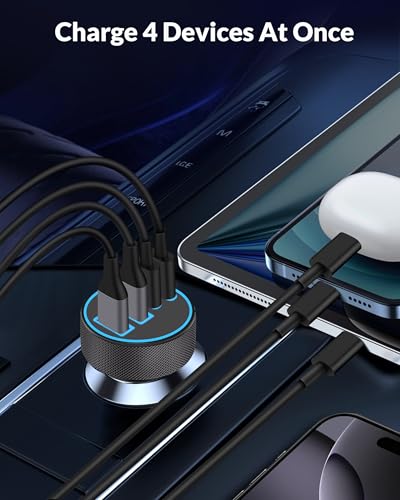 iPhone 17 16 15 Car Charger Fast Charging, 90W 4-Port USB C Fast Car Charger Cigarette Lighter Adapter with 240W 3FT USB-C Cable for iPhone 17/Air/17 Pro/17e/16/15 Pro Max/Plus/16e, iPad, Android