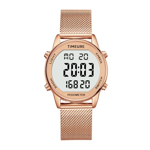 TIMEURE Pedometer Watch for Women, Step Counter Watch, No App or Charging | No App No Charging, with step, calorie and distance tracking, a steel mesh band and up to 12 months of use