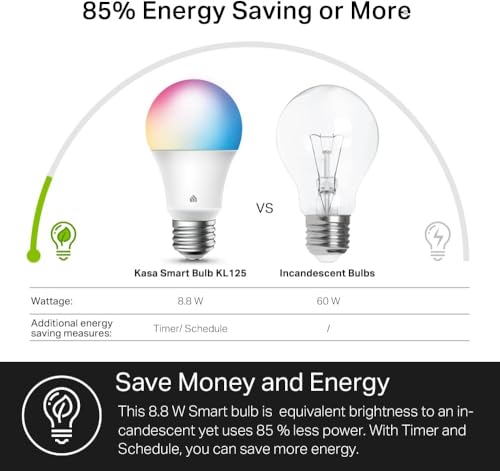 Kasa Smart Light Bulbs, Full Color Changing Dimmable Smart WiFi Bulbs Compatible with Alexa and Google Home, A19, 60 W 800 Lumens,2.4Ghz only, No Hub Required, 2-Pack (KL125P2), Multicolor