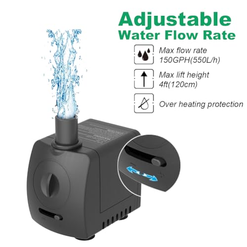 Knifel Submersible Pump 150GPH (550 L/H 9.5W) Ultra Quiet with Over Heating Protection 4ft High Lift for Fountains, Hydroponics, Ponds, Aquariums & More