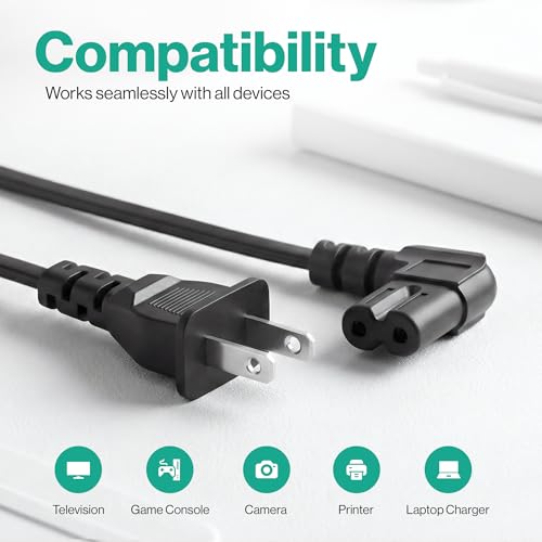 AC 90 Degree Right Angle 2 Prong TV Power Cord Replacement 5ft L Shaped Angled IEC C7 TV Cable for Samsung, LG, TCL, Hisense, Sony, Vizio, Insignia, Sharp, Toshiba