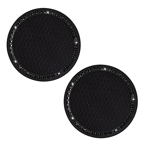 SUNCARACCL Car Cup Holder Coaster, 2 Pack Universal Bling Vehicle Insert (2.75" Diameter), Crystal Rhinestone Car Interior Accessories (Black with Black Diamond).