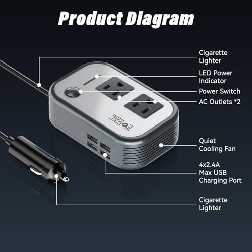 200W Car Power Inverter, FOVAL 12V DC to 110V AC Car Inverte with 4 USB Ports Car Outlet Adapter, Power Inverter for Vehicles, Car Plug Adapter Outlet for Laptop Computer Charger (Gray)