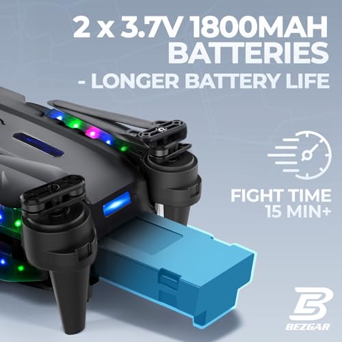 BEZGAR LED Lights Drone with Camera for Adults and Kids Beginners, Black | Drone with Camera 1080P HD, Foldable Drones for Kids RC Quadcopter with One Key Take Off 3D Flips, 2 Batteries, Toys for Boys