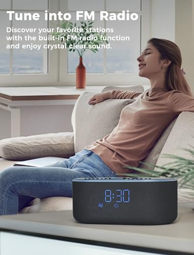 Odokee Wireless Charging Alarm Clock Radio: Qi Certified Fast Wireless Charger for iPhone Samsung - 10W Stereo Bluetooth Speaker - Dimmable Digital Clock with FM Radio for Bedroom Black