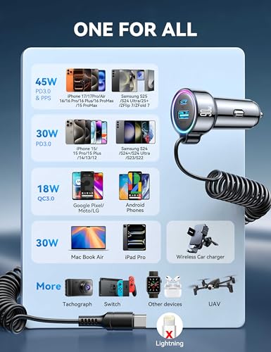 USB C 90W Car Charger for iPhone 17/16 Pro Max, PD & QC3.0 w/5 ft 45W Type Coiled Cable, Fast Car Phone Charger Adapter for iPhone 17Air/15 Pro, Samsung Galaxy S26/S25/S24, Pixel 10/LG/Android, iPad