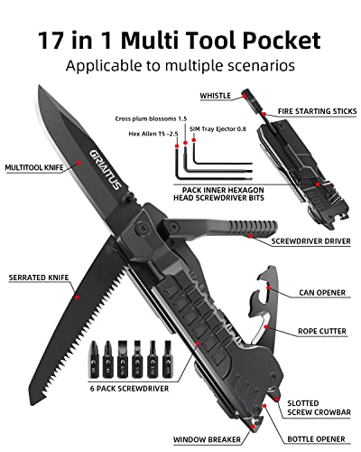 17 in 1 Multitool Knife Fire Starting Stick Bottle Opener Saw for Camping | Screwdrivers Whistle Window Breaker for Hiking, Outdoor, Survival and Everyday Use Gifts for Men Dad