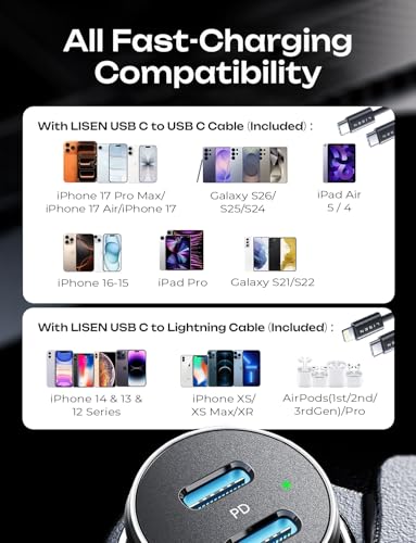 LISEN 90W Car Charger USB C Fast Charge, USB C Car Charger Fast Charge, Type C Car Charger for iPhone 17 Pro Max 16 15 14 13 12 11, for Samsung S26 S25 S24 [with Lighning & USB-C Cable]
