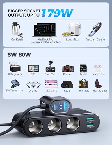 [2026 Upgraded] 7 in 1 Cigarette Lighter Adapter, JOYROOM 179W Car Charger Adapter with PD30W Charge(3.3FT Cable), 24V/ 12V Cigarette Lighter Splitter with Independent Switches & LED Voltage Display