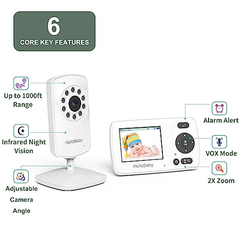 HelloBaby HB30 Video Baby Monitor with Digital Camera and Audio, No WiFi No App Safety Baby Monitor, 8 Languages, Auto Night Vision, 1000ft Transmission Range, 2.4 inch Portable Screen