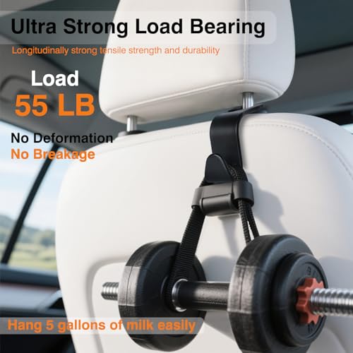 Car Seat Hooks & Purse Holder - 4 Pack Boxed,55 lb Heavy Duty,Eco PP Car Hooks for Purse/Bag/Baby Gear/Gym Bag/Groceries/Cup/,Fits 0.32-0.55”Car Headrest Rods (Black)