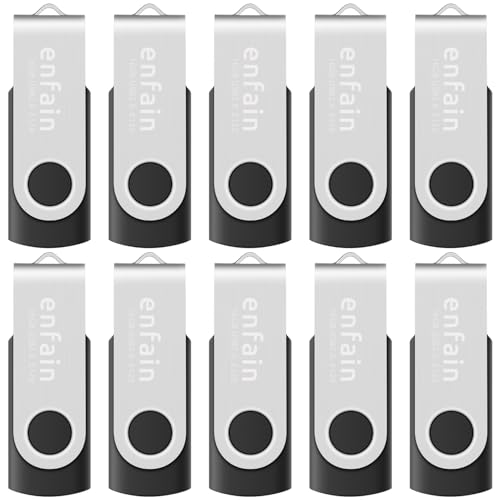 Enfain 16GB USB 2.0 Flash Drive 10 Pack | 160GB Total Swivel Thumb Drives with Labels for Office, School & Bulk Data Storage (Black)