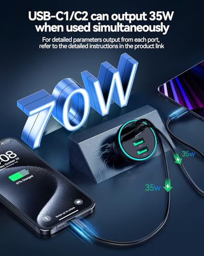 70W USB C Car Charger, Rocoren 4-Port PD Super Fast Charging Type C Car Charger for Multiple Devices, Cigarette Lighter Adapter, USBC Phone Adapter for iPhone 17/17 Air/16/15 Pro Max,Samsung S25,Piexl
