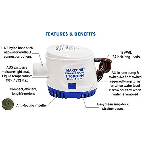 Automatic Submersible Boat Bilge Water Pump 12v 1100gph Auto with Float Switch, 1-1/8" Outlet, Compact Marine Boat Yacht