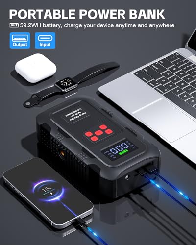 5000A Jump Starter with Air Compressor, Portable Car Battery Jump Starter with 150 PSI Tire Inflator for Up to 10.0L Gas and 8.0L Diesel Engines, 12V Jump Box Battery Charger Booster(Red)