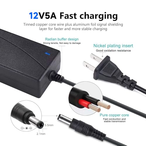 Power Adapter 12V 5A 4A 3A 2.5A 2A 1A AC DC Power Supply Cord Cable 5.5x2.1mm for Sceptre EC Series Monitor,ONN,AOC,Dell,Webcam, Router, Projector, CCTV, Speakers & More 12v 5a Monitor Charger
