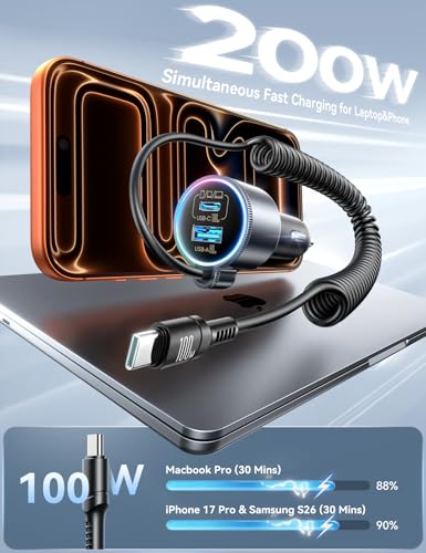 200W Car Charger USB C Fast Charge, PD100W Fast Car Charger Type C, PD3.0/QC4.0/PPS Cigarette Lighter Phone Adapter for iPhone 17 16 15 ProMax, MacBook Pro Air Laptop, Samsung S26/S25, Pixel, iPad Pro