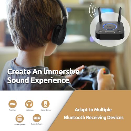 1Mii B06TX Bluetooth 5.3 Transmitter for TV to Wireless Headphone/Speaker, Bluetooth Adapter for TV w/Volume Control, AUX/RCA/Optical/Coaxial Audio Inputs, Plug n Play, aptX Low Latency & HD