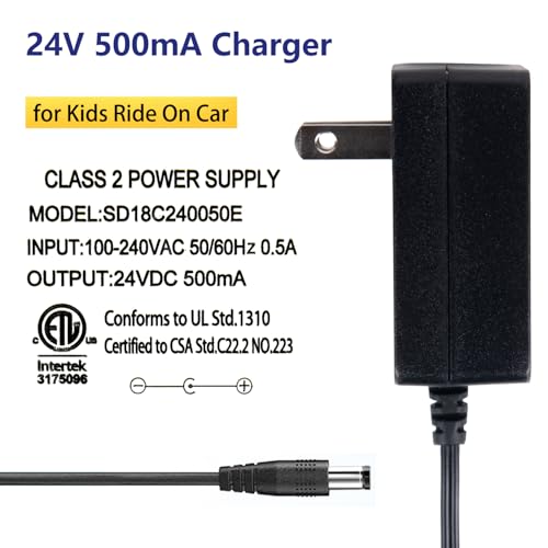 24V Charger for Ride On Car, 24 Volt Kids Battery Charger with Charging Indicator Light for Baby Carriage Ride Toy, 500mA Supply Power Adapter