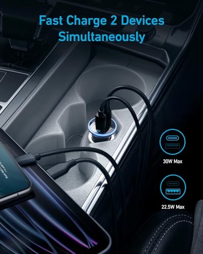 Anker 323 USB-C Car Charger Adapter, 52.5W Cigarette Lighter Charger with 30W PowerIQ 3.0 Fast Charging for iPhone 17/16/15/14/13/12 Series, Galaxy S25/24, Pixel