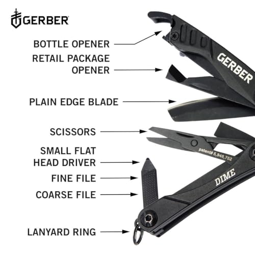 Gerber Dime 12-in-1 Mini Multitool Pliers, Pocket Knife,Bottle Opener,Black