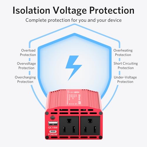 BESTEK 300W Power Inverter with 65W USB-C QC3.0 Ports - 12V DC to 110V AC Car Converter Charger for Vehicles - 11V-17V Aluminum Housing Car Plug in Cigarette Lighter Adapter Outlet for Laptop