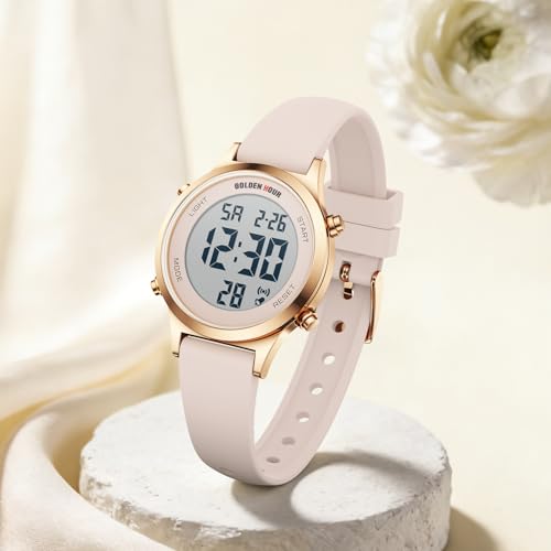 GOLDEN HOUR Waterproof Women's Digital Sports Watches with Silicone Strap, Alarm Calendar Stopwatch Chronograph 32mm Rose Gold Case