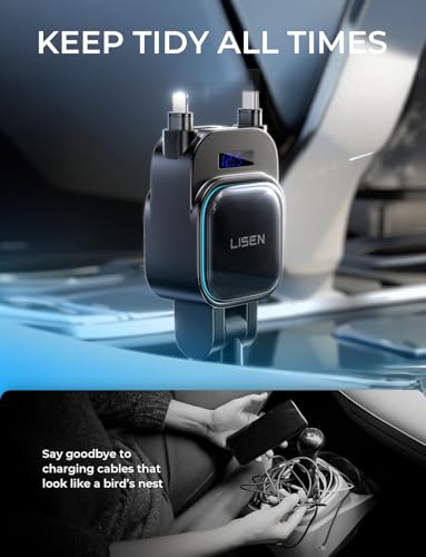 LISEN 96W 4 in 1 Retractable Car Charger with USB C & Lightning Cable for iPhone 17 Pro Max 16 15 14 13 12, Samsung Galaxy S25 S24, Android - Fast Charging Cigarette Lighter Adapter