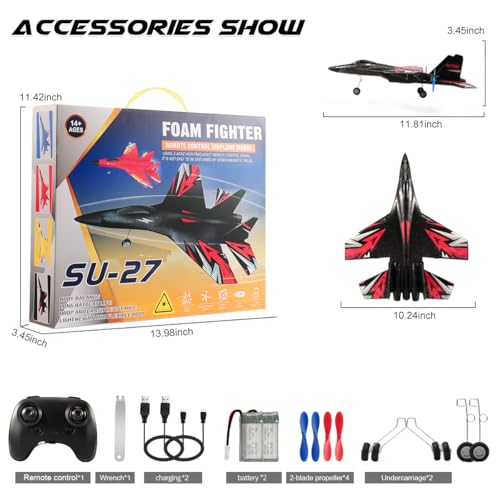 New Upgrade SU27 RC Airplane, Remote Control Fighter Toys, 2.4GHz 6-axis Gyro Stabilizer RTF Glider Aircraft Plane with 2 Batteries Easy to Fly Outdoor Toy for Adults Kids Beginners Boys