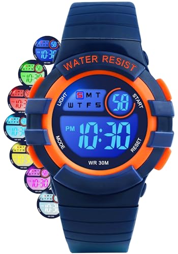 DTKID Digital Kids Watch 30 M Waterproof, 7 Color Lights Time Teaching Watch Easy to Read for Girls Boys 5-16