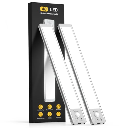 10inch Under Cabinet Lighting, 2 Pack Rechargeable Motion Sensor Light Indoor, 5 Levels Dimmable Magnetic Closet Lights, Wireless Under Counter Lights for Kitchen, Stairs