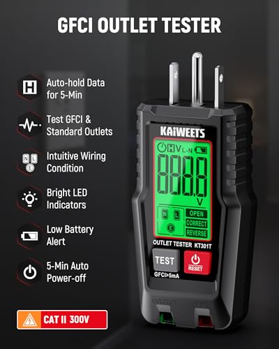 KAIWEETS GFCI Outlet Tester with LCD Display, 3-Prong Receptacle Wiring Detector, Voltage Socket Checker, Auto Hold, Electrical Diagnostic Tool for 120V AC Home Outlets