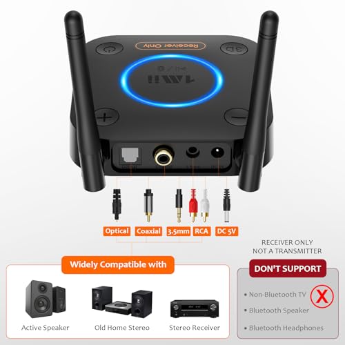 [Upgraded] 1Mii B06Pro Long Range Bluetooth Receiver, HiFi Wireless Audio Adapter, Bluetooth 5.3 Receiver with 3D Surround aptX HD Low Latency Optical RCA AUX 3.5mm Coaxial for Home Stereo System