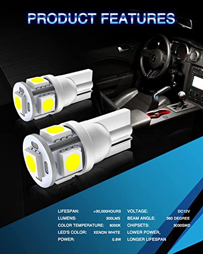 Marsauto 194 LED Bulb 6000K White 168 T10 2825 W5W 5SMD Replacement Bulbs for Car Dome Map Door Courtesy Side Marker Reading Glove Box License Plate Lights (Pack of 10)(Clear Lens Side Marker)