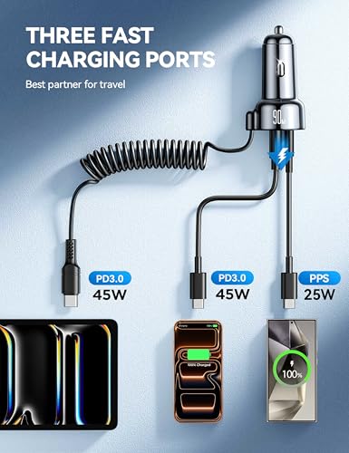 USB C 90W Car Charger for iPhone 17/16 Pro Max, PD & QC3.0 w/5 ft 45W Type Coiled Cable, Fast Car Phone Charger Adapter for iPhone 17Air/15 Pro, Samsung Galaxy S26/S25/S24, Pixel 10/LG/Android, iPad