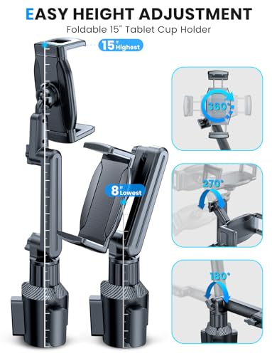 eSamcore Tablet Holder for Car, for iPad Stand Cup Holder Car Mount with 1.57" Depth Large Clamp 15" Height Adjustable Tab Mount Holder for 6"-12.9" Cell Phone iPhone Travel iPad Accessories