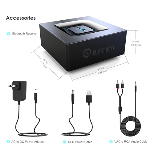 Bluetooth Audio Adapter for Music Streaming Sound System, Esinkin Wireless Audio Adapter Works with Smartphones and Tablets, Bluetooth Receiver for Home Stereo